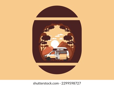 Colorful illustration badge design of campervan in nature