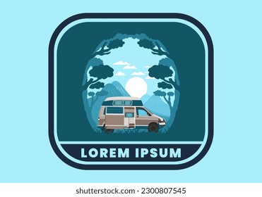 Colorful illustration badge design of campervan in nature