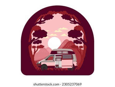 Colorful illustration badge design of campervan in nature