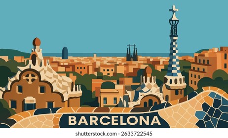 Uma ilustração colorida de Barcelona do Parque Güell, desenhado por Antoni Gaudí. A arquitetura vibrante e a vista cênica da cidade são aprimoradas pelas formas únicas das estruturas do parque.