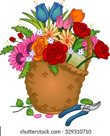 Colorful Illustration of a Basket of Arranged Flowers