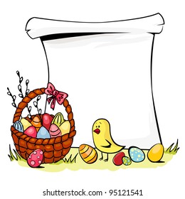 Colorful illustration of basket full of Easter eggs and chicken isolated on white.