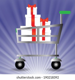 colorful illustration with basket for shopping on a blue background for your design
