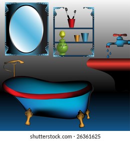 Colorful illustration with bathtub, red sink, colorful tap, perfume bottle, toothbrushes and mirror