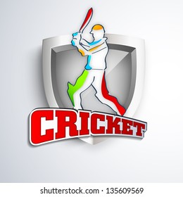 Colorful illustration of a batsman in playing action on winning trophy background with text cricket.