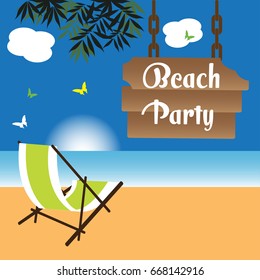 Colorful illustration with beach chair near the sea and a wooden plate with the text beach party hanging from a tree