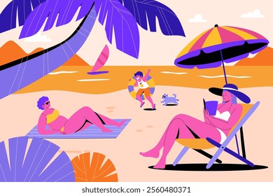 Colorful illustration of a beach scene with people relaxing, a child playing with a dog, and a person reading under an umbrella.