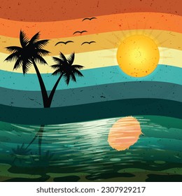 A colorful illustration of a beach with a sun and a palm tree