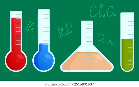 Ilustración colorida de vasos de precipitados y tubos de ensayo con símbolos químicos. Perfecto para materiales educativos y diseños de temática científica.