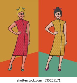 Colorful illustration of a beautiful elegant Asian woman, wearing long flattering dress and high heels, full height. Vector clip-art.