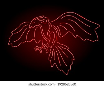 Colorful illustration with beautiful shiny red neon predatory bird silhouette on the dark background