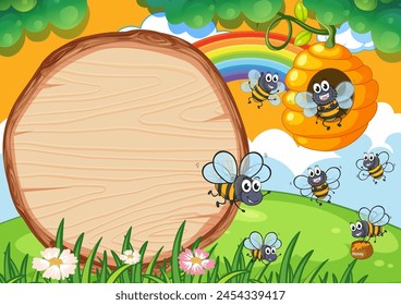 Colorful illustration of bees enjoying a sunny day.