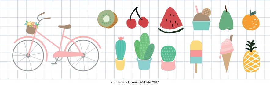 Colorful illustration with bicycle, fruits, and cacti. Features a pink bicycle, various fruits like watermelon and kiwi, and cute cacti in pots. Fun and vibrant design. Isolated vector element set.