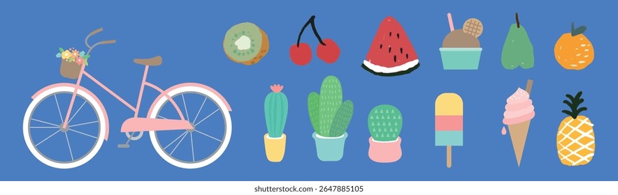 Ilustração colorida de uma bicicleta, frutas e cactos. Apresenta uma bicicleta rosa, kiwi, cerejas, melancia e cactos. Frutas vibrantes e desenho de cactos. Conjunto de elementos de vetor isolado.