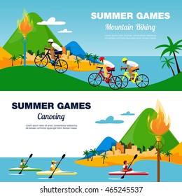 Colorful illustration for bicycling and canoeing. Flat style vector banners.