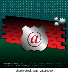 Colorful illustration with binary numbers, red brick wall, colorful gears and a shield. Abstract firewall design