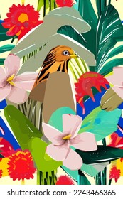 Colorful illustration of bird, flowers, leaves. Vector for wallpapers, fabrics, wrappers, postcards, greeting cards, wedding invitations, banners.