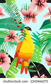 Colorful illustration of bird, flowers, leaves. Vector for wallpapers, fabrics, wrappers, postcards, greeting cards, wedding invitations, banners.