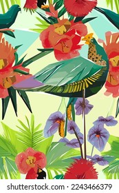 Colorful illustration of bird, flowers, leaves. Vector for wallpapers, fabrics, wrappers, postcards, greeting cards, wedding invitations, banners.