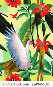 Colorful illustration of bird, flowers, leaves. Vector for wallpapers, fabrics, wrappers, postcards, greeting cards, wedding invitations, banners.