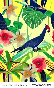 Colorful illustration of bird, flowers, leaves. Vector for wallpapers, fabrics, wrappers, postcards, greeting cards, wedding invitations, banners.