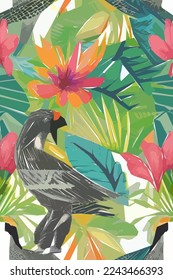 Colorful illustration of bird, flowers, leaves. Vector for wallpapers, fabrics, wrappers, postcards, greeting cards, wedding invitations, banners.