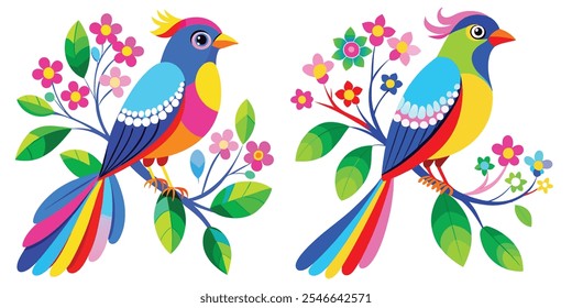 colorful illustration of a bird perched on a flowering branch