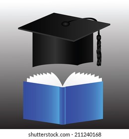 colorful illustration with black graduation cap and blue book