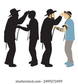 A colorful illustration and a black silhouette of a Chabad Chasid placing a tefillin on a Jew.
Isolated figures on a white background. One man is wearing a long black suit and a hat. vector.