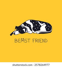 A colorful illustration of a black-and-white dog on a yellow background with the text “Beast Friend.” This stylish design blends modern art and typography, celebrating the bond between pets and humans