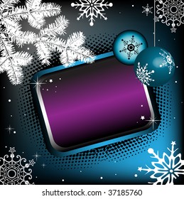 Colorful illustration with blue Christmas ball, fir branch, white snowflakes and colored frame. Winter frame