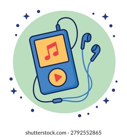 Colorful illustration of a blue MP3 player with earbuds and a music symbol on screen