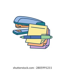 A colorful illustration of a blue stapler, a stack of sticky notes, and a pen.