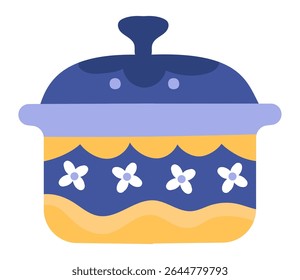 Colorful illustration of a blue and yellow cooking pot featuring a floral decoration and a lid, ideal for representing cooking, kitchenware, or homemade meals