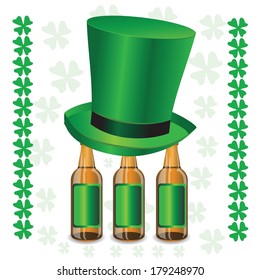 colorful illustration with  bottles of beer and green hat your design