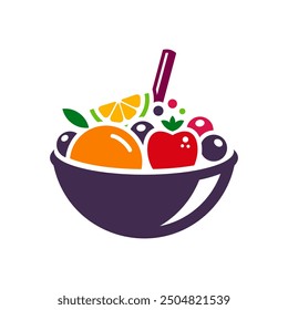 Colorful illustration of a bowl full of healthy fruits like berries, apple and orange slices.