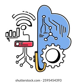 Colorful illustration of a brain with data flow and cloud elements, representing machine learning processes. Perfect for tech blogs, AI presentations, and educational materials