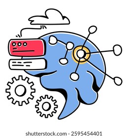 Colorful illustration of a brain with data flow and cloud elements, representing machine learning processes. Perfect for tech blogs, AI presentations, and educational materials