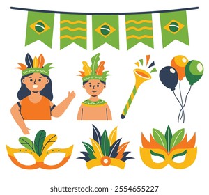 Colorful illustration of Brazilian Carnival elements including masks, costumes, and decorations.  Perfect for festive events.