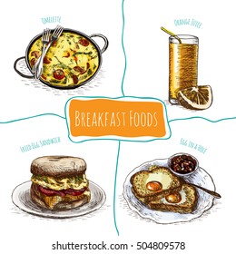 Colorful illustration of breakfast foods. Vector colorful illustration of breakfast