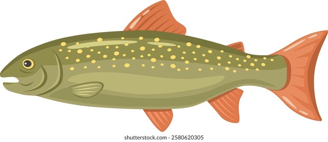 Colorful illustration of a brook trout swimming underwater, showing its fins, tail, and open mouth, ideal for fishing or wildlife related projects