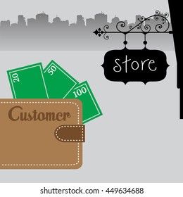 Colorful illustration with a brown wallet with money and the word customer written on the wallet