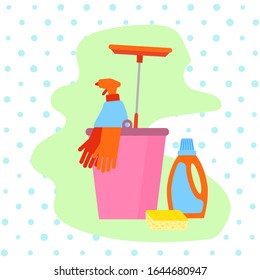 Colorful illustration with bucket and different household chemicals on light background. Modern flat colorful template on light backdrop. Household cleaning products. Cleaning service vector