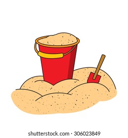 Colorful illustration of bucket and shovel on pile of sand. Beach toys in sandpit. Vector art on white isolated background. Cartoon style. Fully editable.