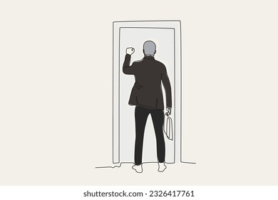 Colorful illustration of a business man knocking on the door. Work obstacle one-line drawing