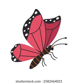 Colorful illustration of a butterfly with vibrant pink wings and intricate black and white patterns, ideal for nature-inspired designs, decorative prints, and artistic projects.