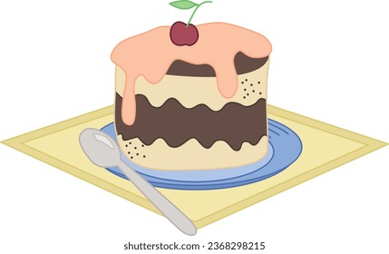 Colorful illustration of a cake with cream and cherry on a plate. Vector picture isolated on white background.	