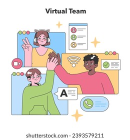 Colorful illustration capturing a diverse virtual team engaging through online platforms, highlighting collaboration and remote connectivity. Flat vector illustration.