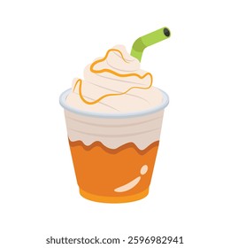 Colorful illustration of a caramel flavored iced beverage in a disposable cup.