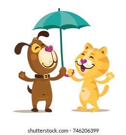 Colorful illustration card with funny dog and cat with umbrella. Card, sticker, emblem about autumn time and friendship